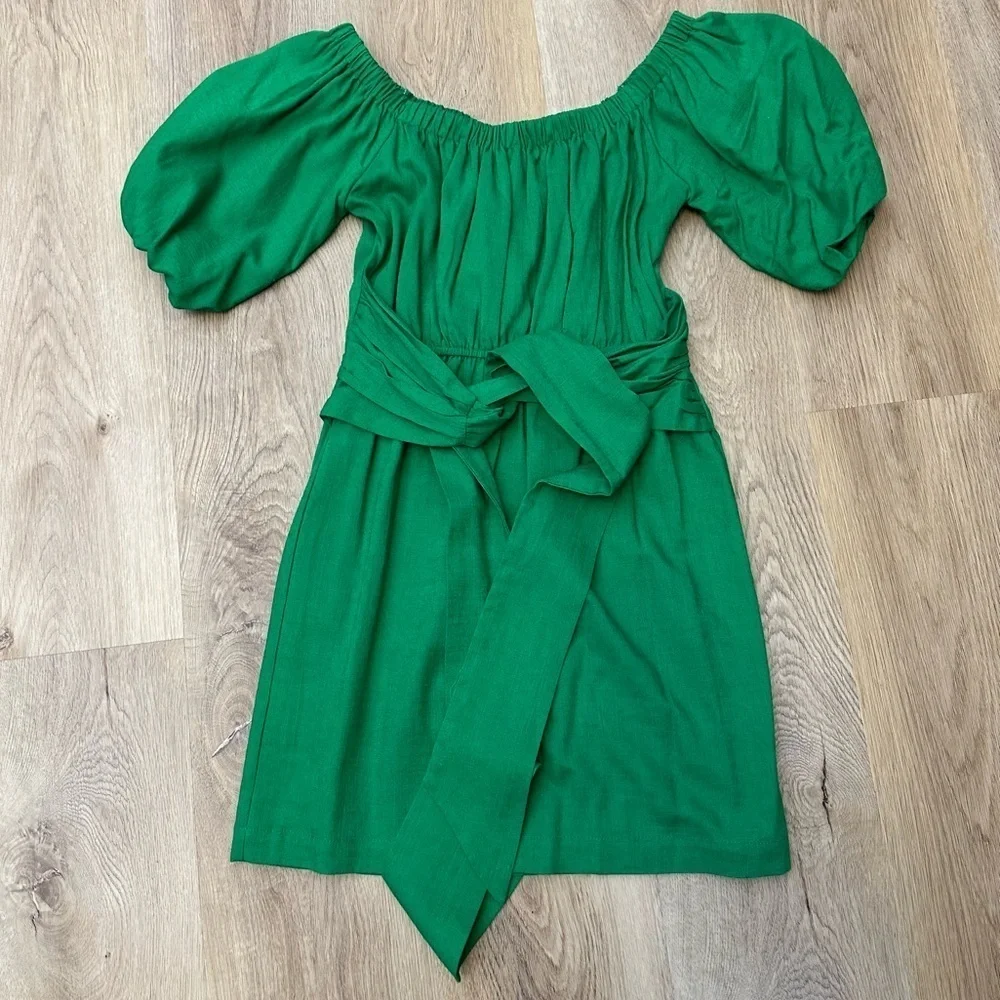 VICI SkyLar Rose Kelly Green Linen Balloon Sleeve Mini Dress size XS